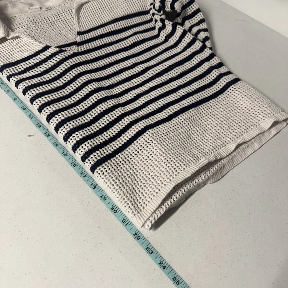 GAP Womens Sweater Relaxed Stripe White and Blue Crochet Collared Nautical M